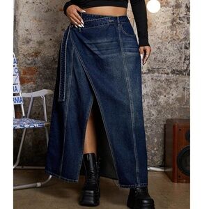 Plus Dark Wash High Waisted Side Tie  Denim Jean Maxi Skirt